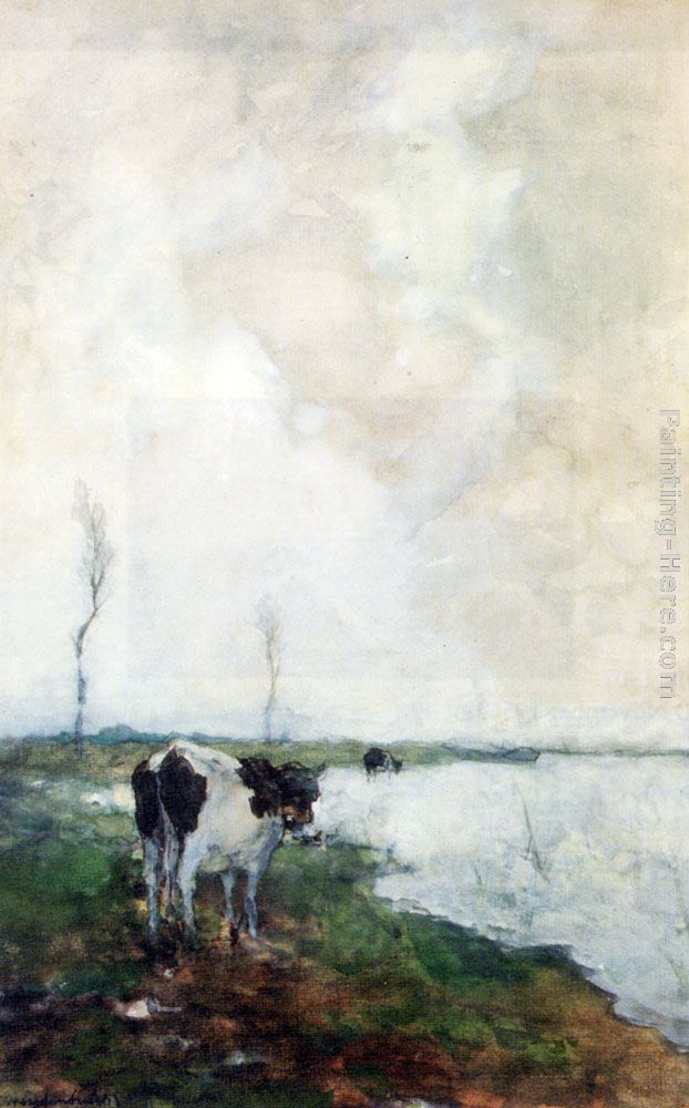 A Cow Standing By The Waterside In A Polder painting - Jan Hendrik Weissenbruch A Cow Standing By The Waterside In A Polder art painting